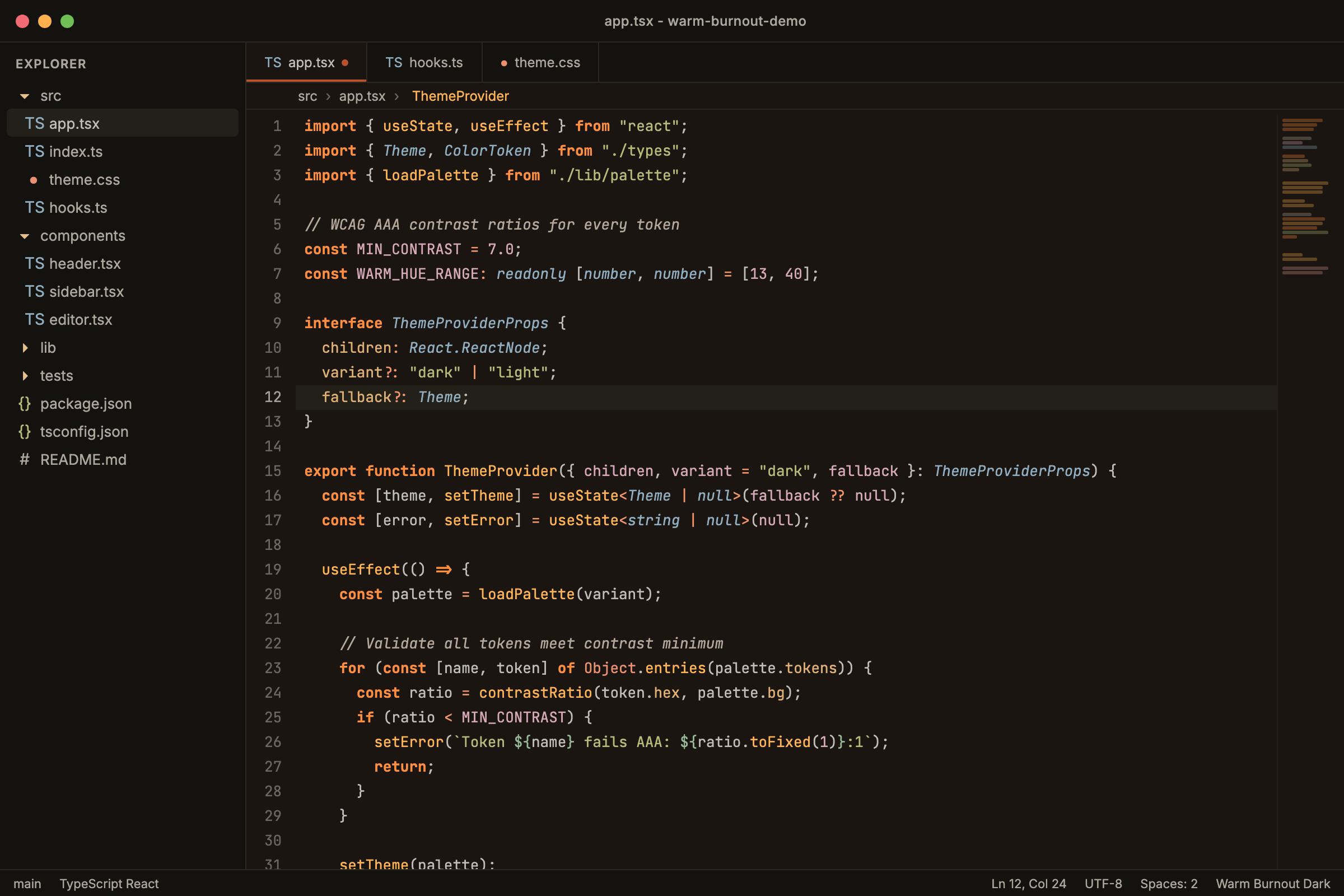 Warm Burnout dark theme in a code editor showing TypeScript and React