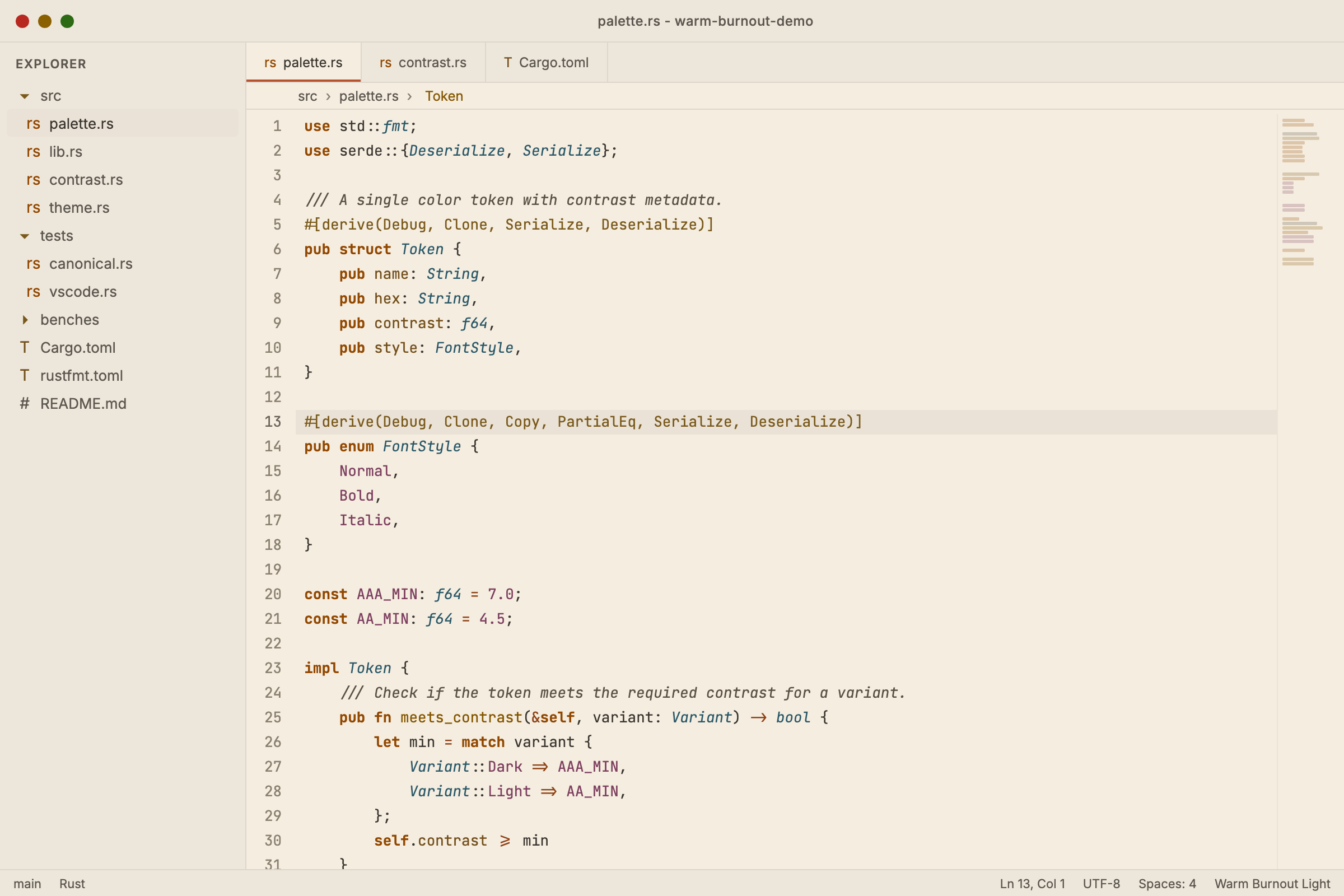 Warm Burnout light theme in a code editor showing Rust code