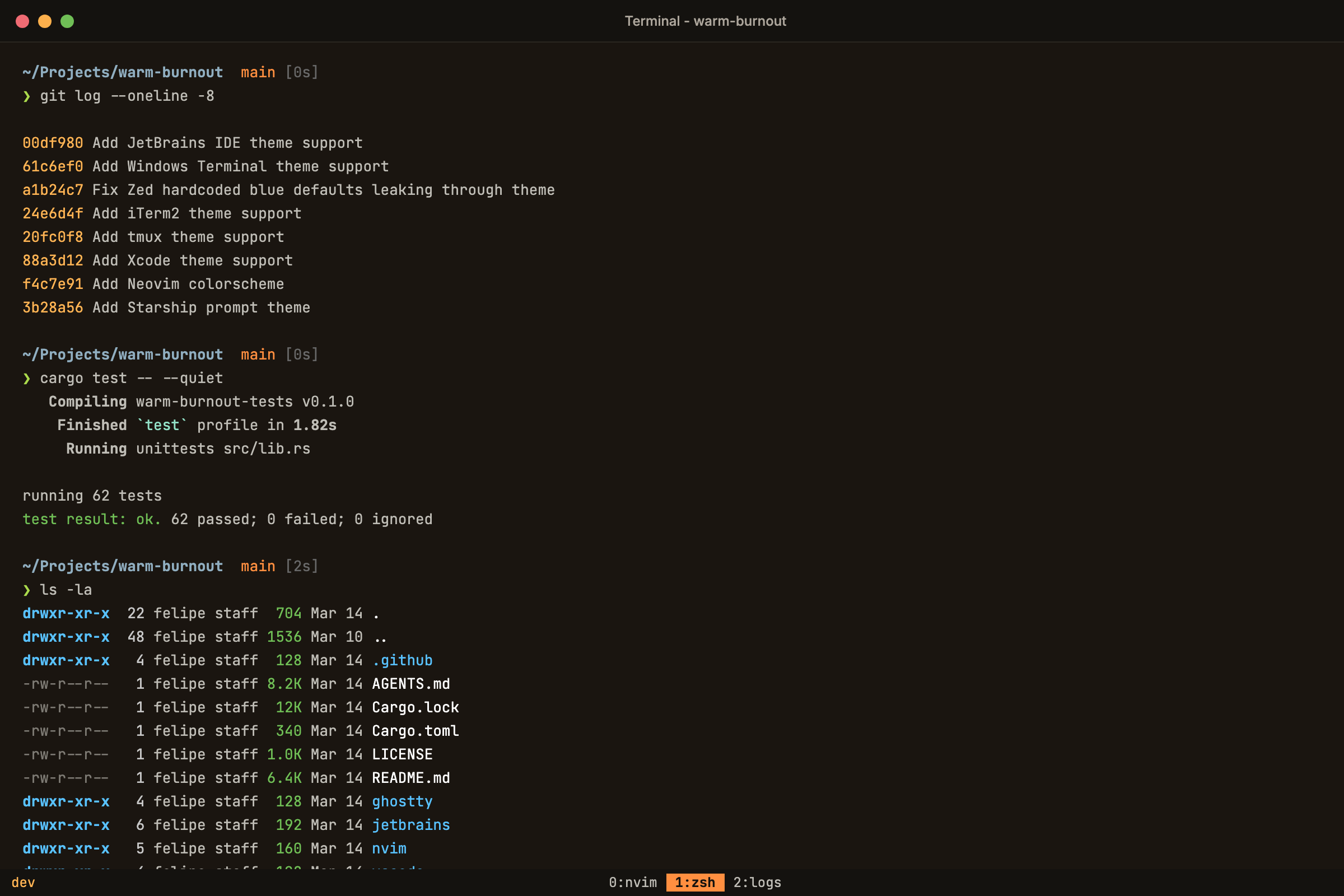 Warm Burnout in Ghostty terminal with tmux and Starship prompt